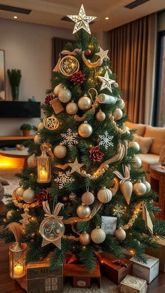 An elegant Christmas tree with glass ornaments and fairy lights in a cozy living room.